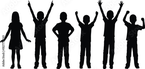 Group of Happy Excited Children Kids Boys and Girl Silhouettes Cheering with Raised Hands, Joyful Childhood Vector Concept Illustration, Success Victory.