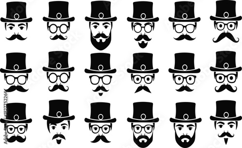 Collection of 18 black silhouette vector icons featuring vintage gentleman faces with diverse mustaches, beards, eyeglasses, and top hats, ideal for retro branding and avatar design.