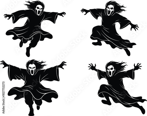 Set of scary ghost silhouettes featuring screaming skull faces and tattered robes flying in aggressive poses for Halloween horror design.