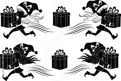 Black silhouette vector illustration of cute female Christmas elves running fast carrying big gift boxes for holiday delivery service concept.