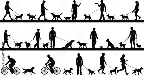 Extensive Vector Silhouette Collection of People Walking, Running, and Bicycling with Various Dog Breeds on Leashes, Ideal for Pet Care,