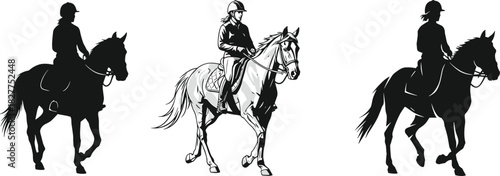 Set of Female Horse Riders Silhouettes and Engraving Illustration, Equestrian Sport, Woman Wearing Helmet Riding a Horse, Horseback Riding Vector Design Elements, Isolated