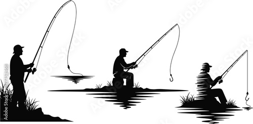 Set of Fishing Silhouettes, Including Man Standing and Sitting by Water with Rod and Line, Representing Sport and Hobby as Detailed Vector Art
