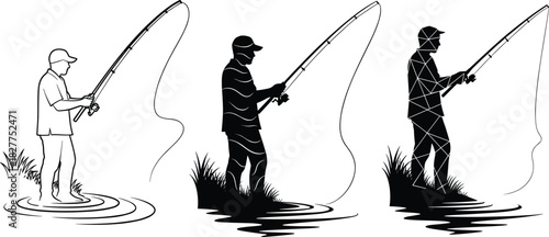 Set of Fisherman Silhouettes and Outline Vector Illustrations, Man Fishing with a Rod and Reel in Water, Nature, Hobby, Sport, River, Lake, Black and White Graphic