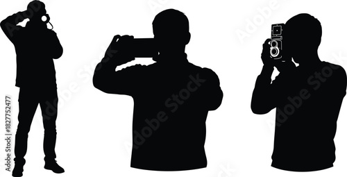 Set of Silhouette Photographers and Cameramen with Camera, Smartphone, and Twin-Lens Reflex Camera, Capturing Photos and Videos, Vector Illustration, Photography Concept