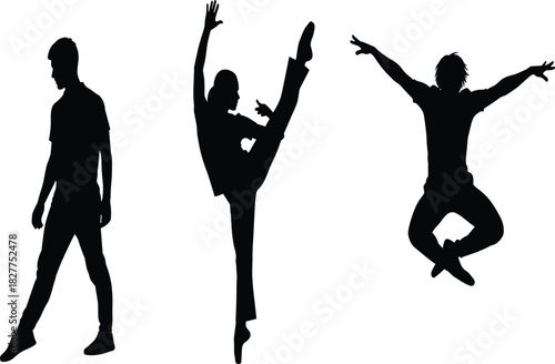 Three black silhouettes depicting expressive youth in various dynamic poses: a dancer in an impressive split leap, an athletic jumper,