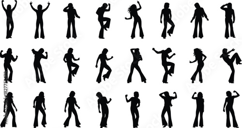 Large Set of Dynamic Dancing Women Silhouettes Vector Icons Showing Various Happy Poses Perfect for Party, Celebration, Disco, Retro, and Freedom Design Projects.