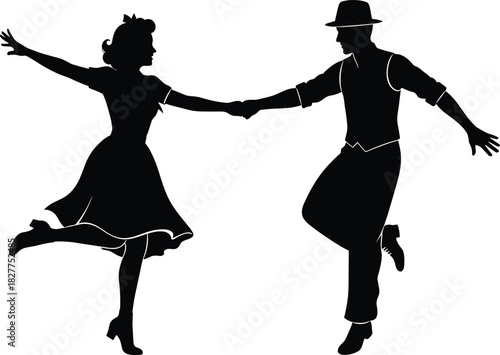 Romantic Silhouette of a Dancing Couple Performing a Swing or Jive Dance: Capturing Vintage Style, Joyful Movement, Energy, and a Classic Partner Dance Performance Vector Illustration.