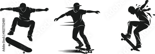 Set of Skateboarder Silhouettes Vector Illustrations, Man Doing Extreme Skateboarding Tricks and Jumps, Street Sport, Youth Culture and Modern Active Lifestyle Graphic Elements