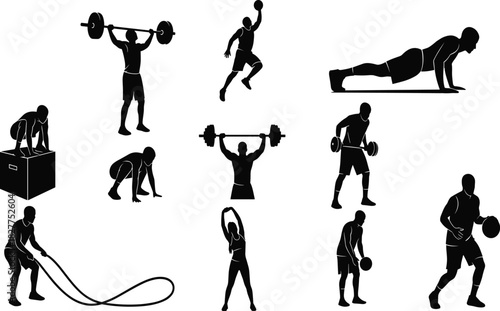 Collection of black fitness silhouettes featuring athletic men performing gym workouts weightlifting battle ropes pushups and basketball sports training.