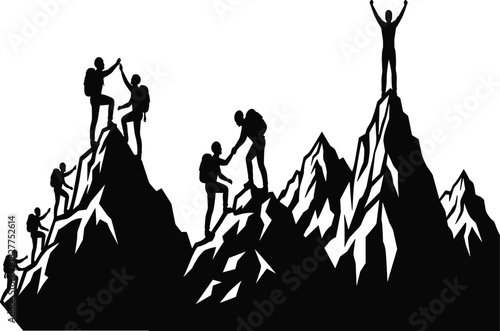 Successful Mountaineers Climbing Together Reaching Summit Peaks Celebrating Achievement Teamwork Challenge Leadership Inspiration Silhouette Vector Image