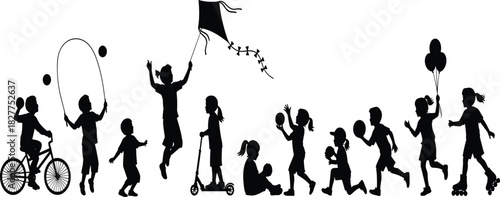 Black Silhouettes of Happy Children Playing Outdoors Vector Set, featuring Kids Riding Bikes, Jumping Rope, Kites,