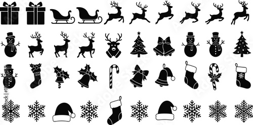 Christmas Holiday Icon Mega Set: Black Silhouette Vector Graphics of Santa's Sleigh, Reindeer, Snowmen, Gifts, and Decorations, Perfect for Seasonal Greeting Cards and Design.