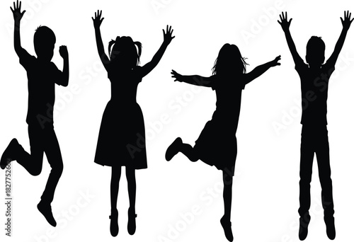 Silhouette of happy little girls jumping with joy and raising hands up isolated on white background representing childhood freedom and fun