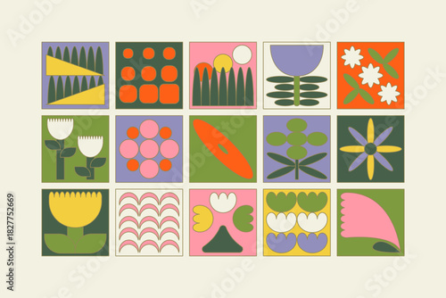 Geometric flowers collection, Mediterranean, European style flowers illustrations. Red, green, yellow modern flowers in tile vector design