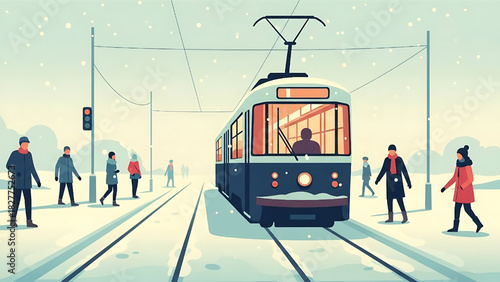 Winter Tram Ride: Snowy City Street with Commuters Waiting