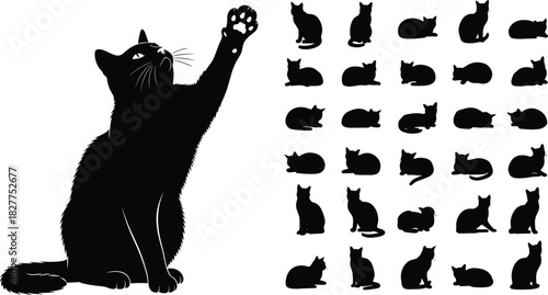 Mega Bundle of Black Cat Silhouettes Vector Set: Domestic Feline Animal Poses Collection, including Sitting, Lying, Walking, Stretching, and Playful Standing with Raised Paw,