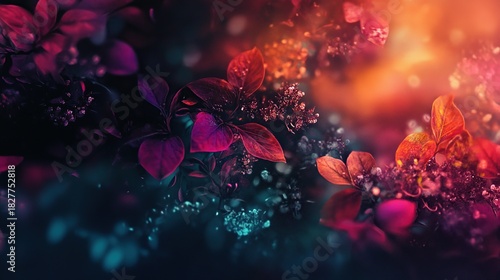 A dark, abstract image features vibrant, digitally created flowers with rich pink, red, and orange hues, set against a deep teal background with subtle bokeh effects.