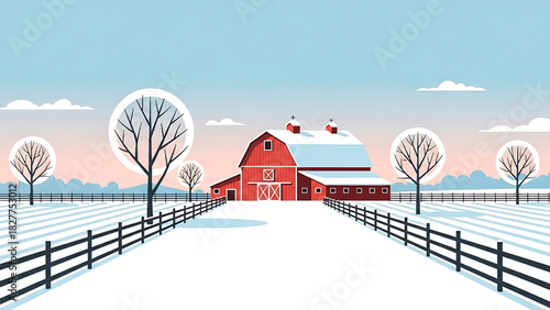 Winter Barn Landscape Illustration Snowy Farm Scene Vector