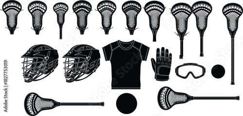 Silhouette Vector Set of Lacrosse Equipment Including Sticks Helmets Gloves and Balls for Team Sports Design
