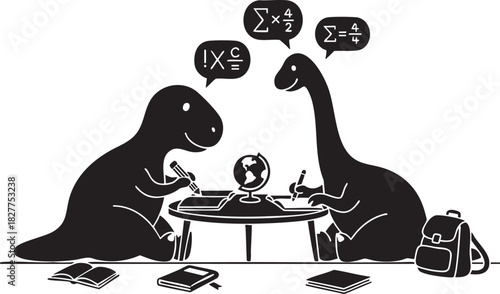 Cute Dinosaur Students Solving Advanced Math Problems and Studying (Vector Silhouette Illustration)