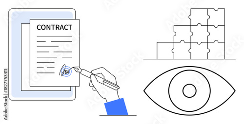 Contract concept. Contract signing highlights legal agreements and business deals. Contract with symbolic eye for observation and puzzle for teamwork. For legal, business, collaboration, observation