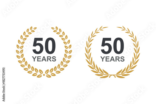 50th anniversary laurel wreath. 50 years anniversary floral laurel wreath. Anniversary icon or logo with laurel wreath. 50 years celebration label vector illustration.
