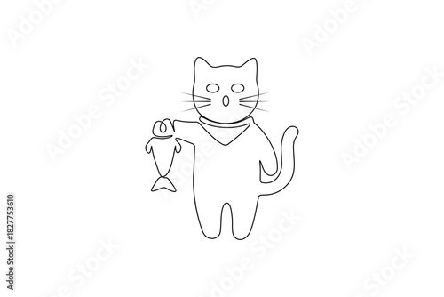 Cat holding a fish in a simple, continuous one line drawing on a white background