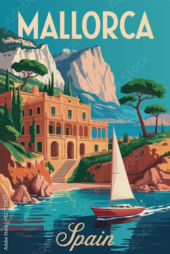 Mallorca spain vintage travel poster, colorful retro illustration, highlighting beach views and natural landscapes, suitable for travel promotions, holiday artwork, and nostalgic graphic compositions.