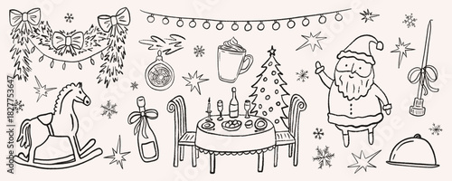 Hand drawn Christmas dinner party doodle. Festive table with champagne, decorated tree, Santa, garlands and holiday treats. Vintage outline ink sketch of New Year party. Crayon vector illustration.
