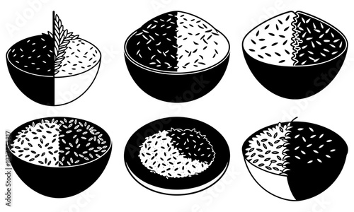 Delicious rice bowls collection, perfect for Asian cuisine promotions, restaurant menus, or healthy eating campaigns. Isometric style and clean aesthetic.
