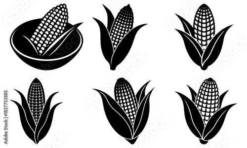 Fresh corn harvest icons for fall festival designs or farm market promotions, vector illustration perfect for autumn branding, food packaging, and harvest layouts