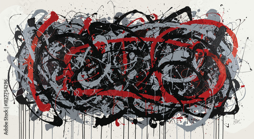 Abstract horizontal wallpaper background with chaotic red, black, and grey paint splatters, dripping ink lines, and expressive messy vector art style design.