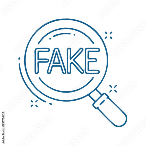 Magnifying glass focusing on the word "FAKE" for identifying misinformation in news reporting, media literacy, communication
