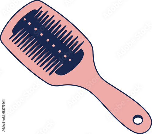 Pink paddle hairbrush illustration with dark bristle area and hanging loop, personal grooming vector design, beauty and styling concept