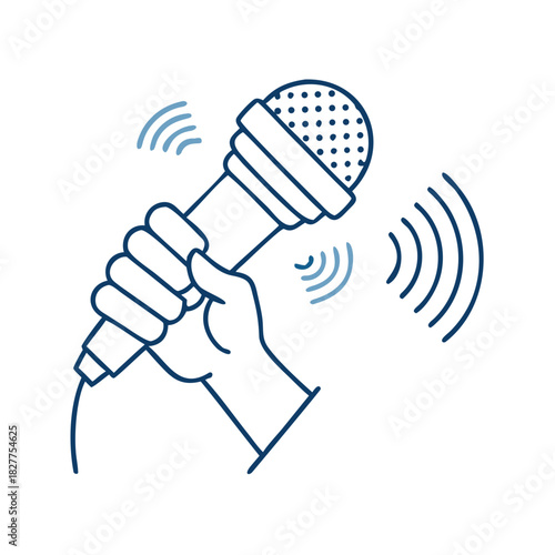 Hand holding microphone for news reporting in journalism, media, interviews, broadcasting