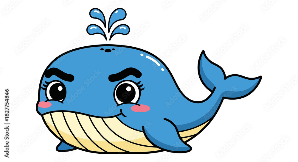 Fototapeta premium Cute cartoon blue whale spouting water with happy expression