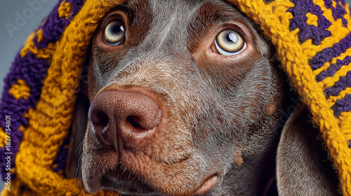 Dog in elaborate costume for Dress Up Your Pet Day, posed in studio lighting