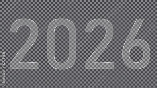 New Year 2026 round square transparent button set on grey background. 3d vector realistic ui icon.