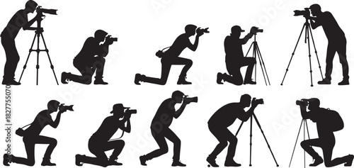 Silhouette of photographers in various poses with cameras and tripods