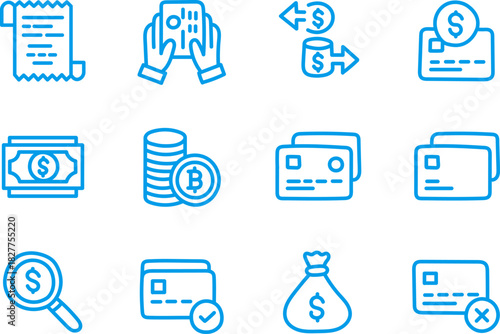 Hand Drawn Finance, Banking, and Payment Icons Set in Blue Line Style