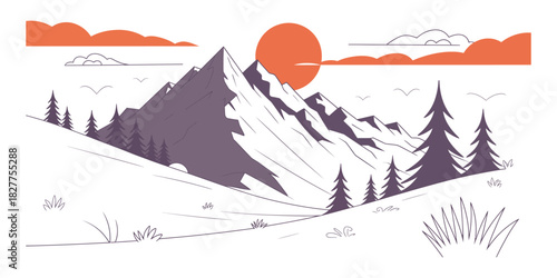 Sunset mountain landscape vector illustration, serene natural scenery, warm glowing horizon, peaceful outdoor environment, perfect for nature themes, travel artwork, and scenic design projects.