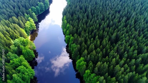 Aerial view of a winding river flowing through a dense, lush green forest, reflecting the sky and clouds.