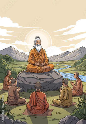 Spiritual Guru meditating on a rock with disciples praying around him in a serene natural landscape with mountains and a river