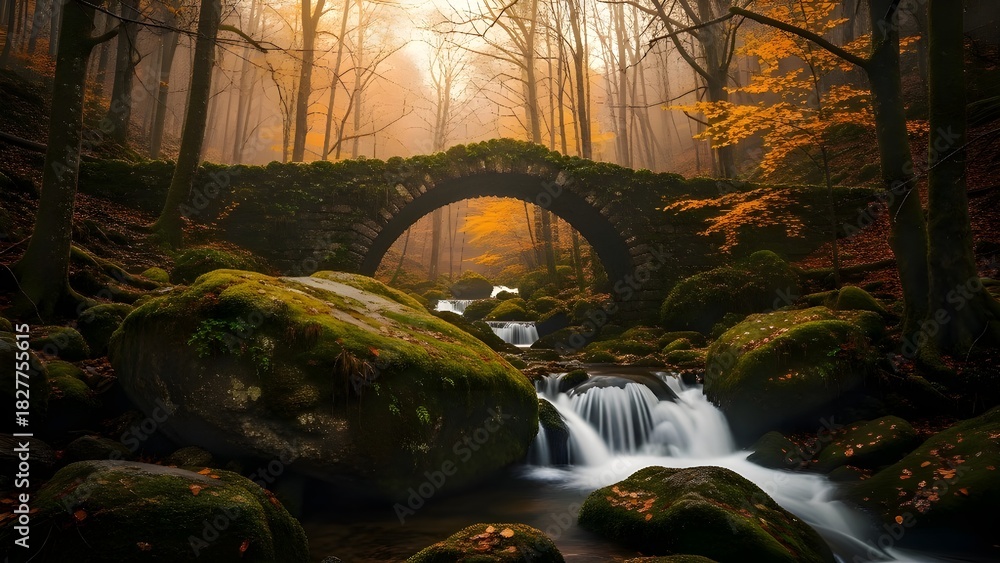 Naklejka premium Mystical Stone Bridge Waterfall Autumn Forest – Fairy Tale Landscape with Moss and Golden Light