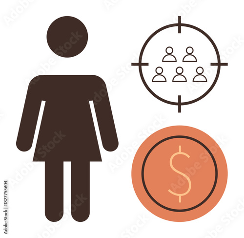 Female figure beside a group in a target and a dollar sign, emphasizing audience targeting, gender roles, finance, business strategy, demographic segmentation. Ideal for marketing, advertising