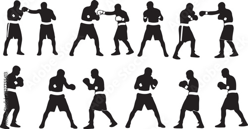 Boxing Silhouettes in Action" Dynamic Combat Poses for Sports and Training Designs