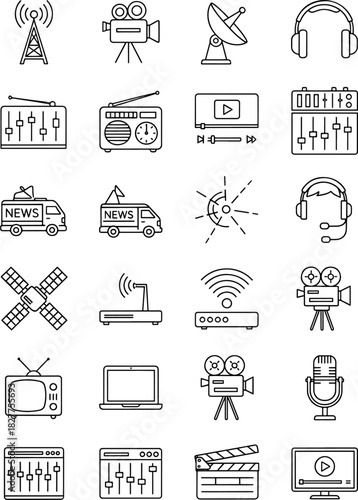 Collection of Media and Technology Icons Set Including Broadcast Tower, Camera, Satellite, Headphones, Radio, and Computer Equipment