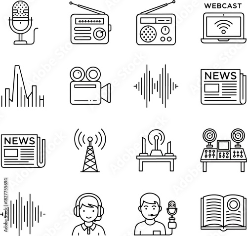 Collection of Media and Communication Icons Featuring Microphones, Radios, Cameras, and News Symbols