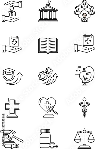 Collection of Law Education Healthcare and Business Icons Representing Justice Government Learning Medicine and Finance Concepts